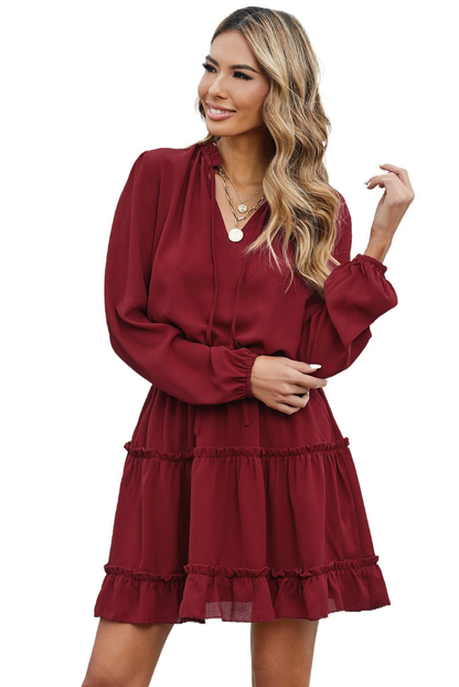 V Neck Long Sleeve Ruffle Tiered Mini Dress Kiwidrop