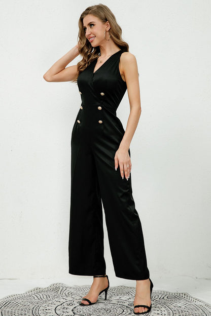 V-Neck Sleeveless Decorative Buttons Jumpsuit