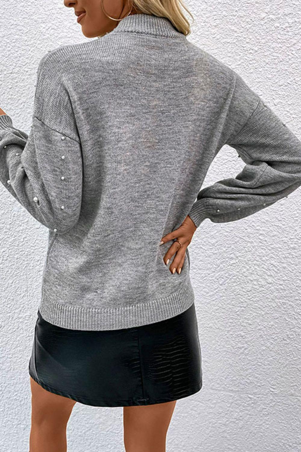 Pearl Dropped Shoulder Ribbed Trim Sweater Trendsi