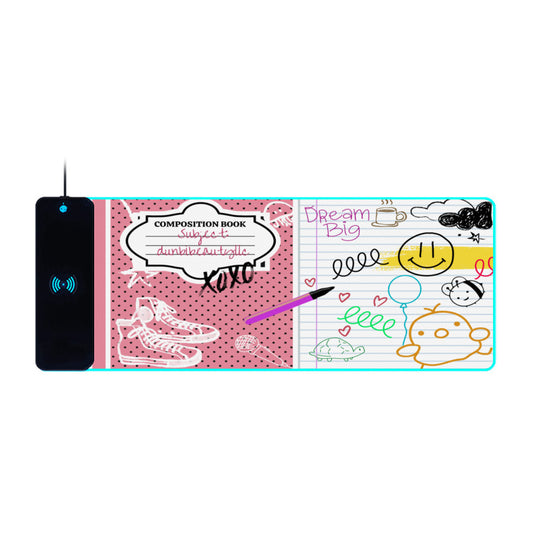 Wireless Charging Light-Emitting Mouse Pad｜Rubber - Back to School, Composition Notebook Style, Doodles, Scribbles, Writing, Girl, Pink (Designed by Dunbi)