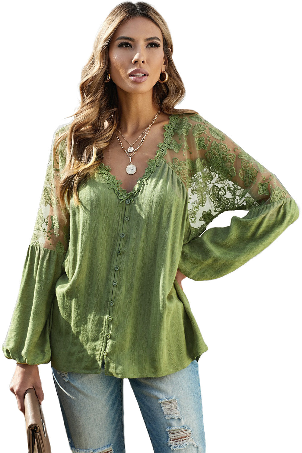 V Neckline Lace Shoulder Patchwork Blouse Kiwidrop