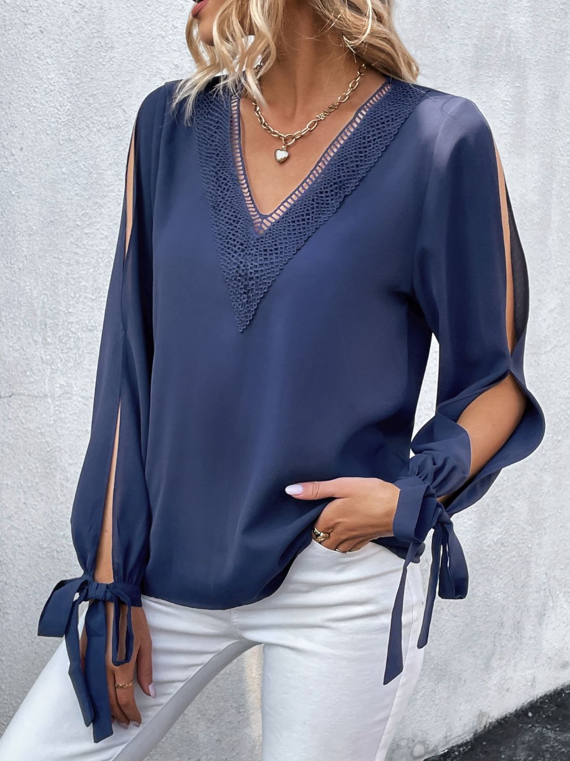 V-Neck Tie Cuff Slit Blouse