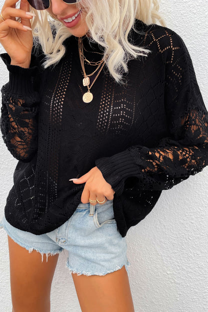 Spliced Lace Crochet Sleeve Sweater Trendsi