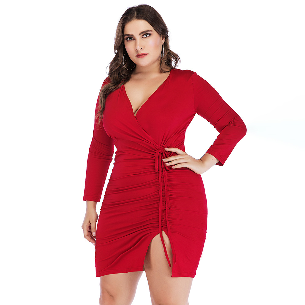 Women's Plus Size Deep V Drawstring Gathering Slit Dress Kiwidrop