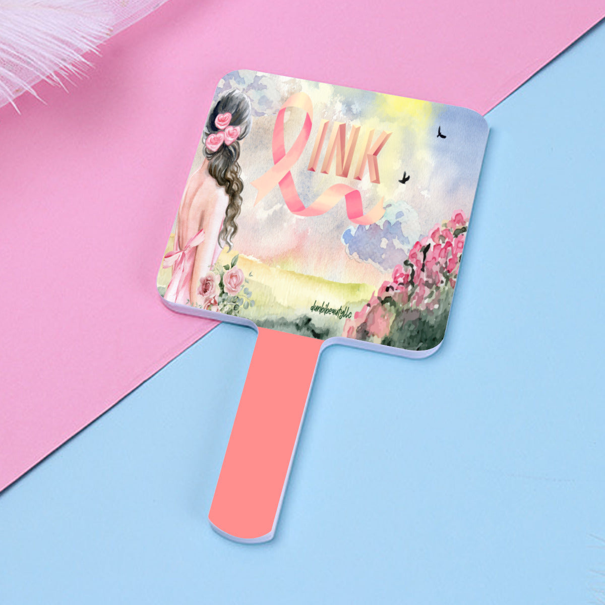 Handle Square Mirror｜Rubber -Pastel Pink, Breast Cancer Awareness, Open Field, Day, Birds, Flowers, Bows and Ribbons, Watercolor Sunlight (Designed by Dunbi)