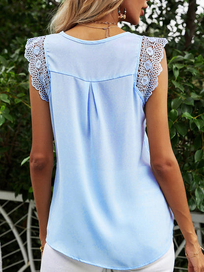 Lace Trim Openwork Cap Sleeve Blouse