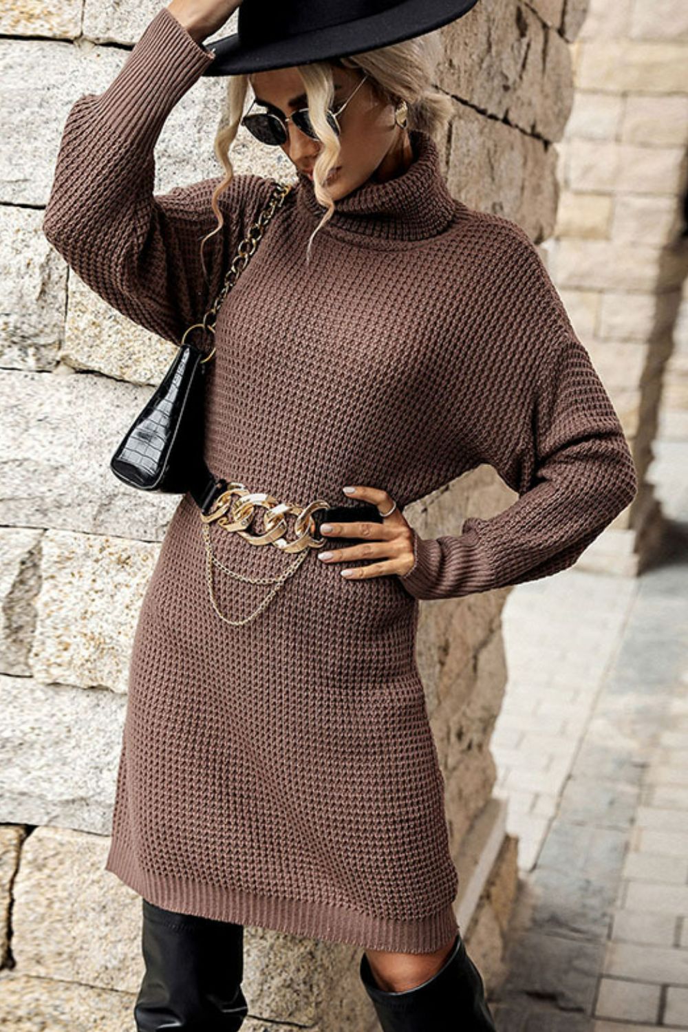 Turtleneck Dropped Shoulder Mini Sweater Dress Trendsi