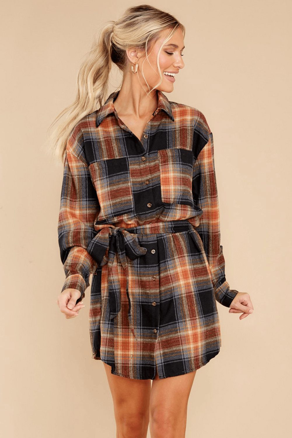 Plaid Chest Pocket Shirt Mini Dress With Belt Kiwidrop