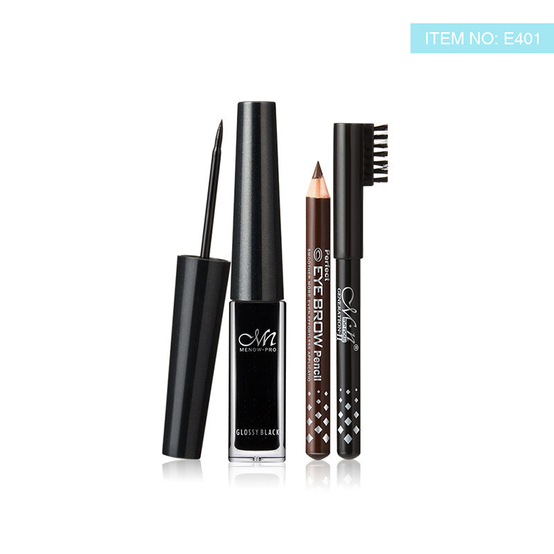 MENOW E401 Waterproof Non-Smudge Eyeliner + Single Eyebrow Pencil Black/Brown Two-Color Set Hypersku