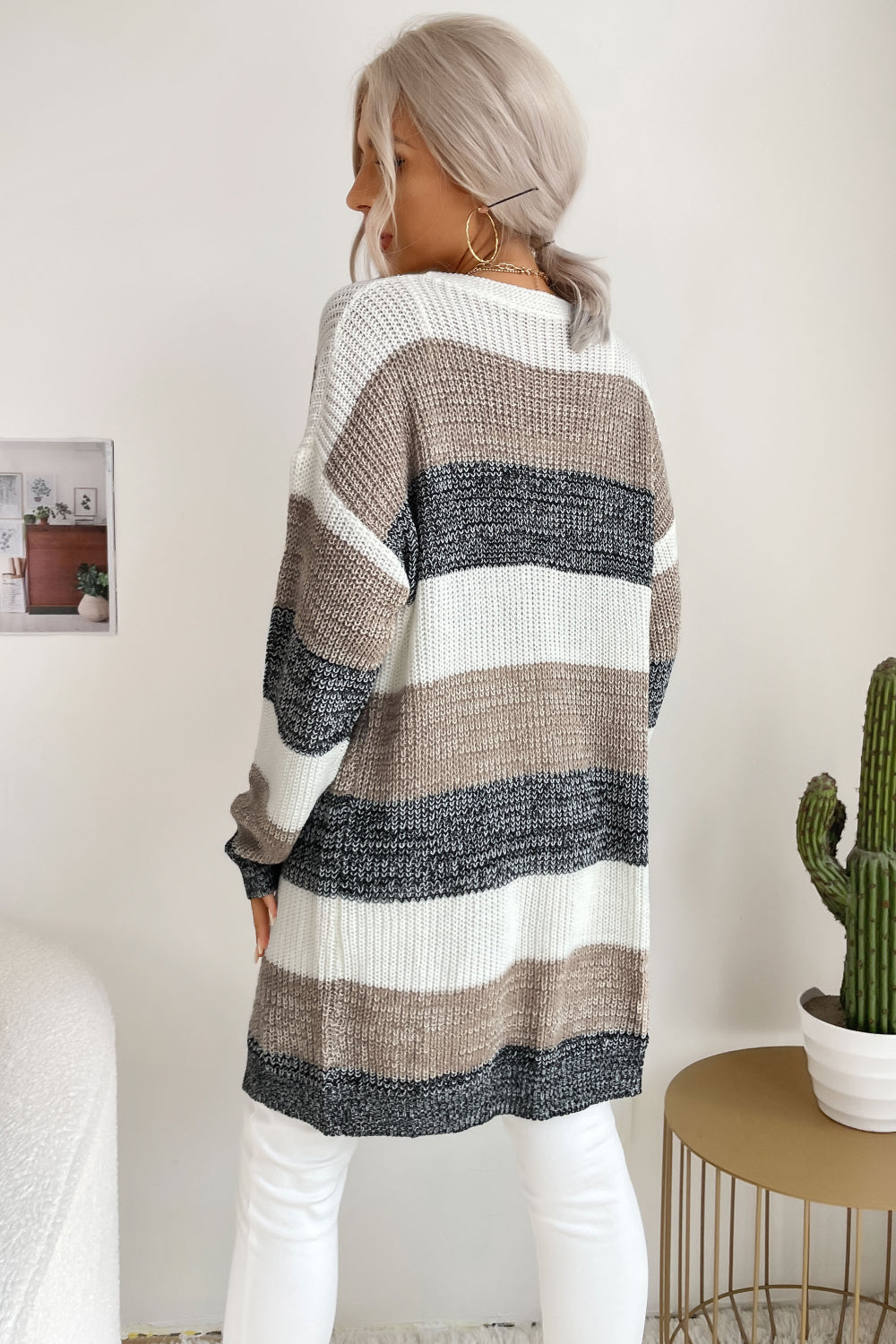 Striped Long Sleeve Duster Cardigan Trendsi