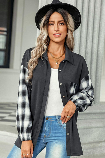 Plaid Dropped Shoulder Shirt with Breast Pocket Trendsi