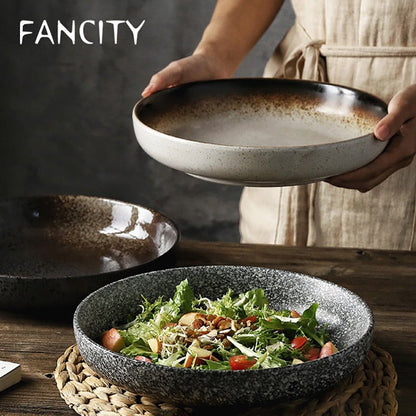 FANCITY Deep round plate, ceramic creative salad plate, household dish, shallow plate - DunbiBeauty, LLC