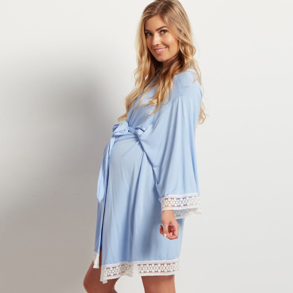 Fashion Lace Sleepwear Patchwork Maternity Pajamas Three quarter Sleeves Dresses Robe with Belt Pregnant women's Clothings - DunbiBeauty, LLC