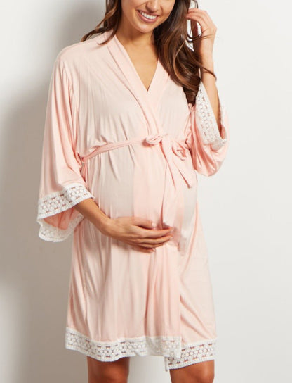 Fashion Lace Sleepwear Patchwork Maternity Pajamas Three quarter Sleeves Dresses Robe with Belt Pregnant women's Clothings - DunbiBeauty, LLC