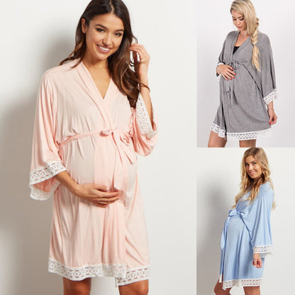 Fashion Lace Sleepwear Patchwork Maternity Pajamas Three quarter Sleeves Dresses Robe with Belt Pregnant women's Clothings - DunbiBeauty, LLC