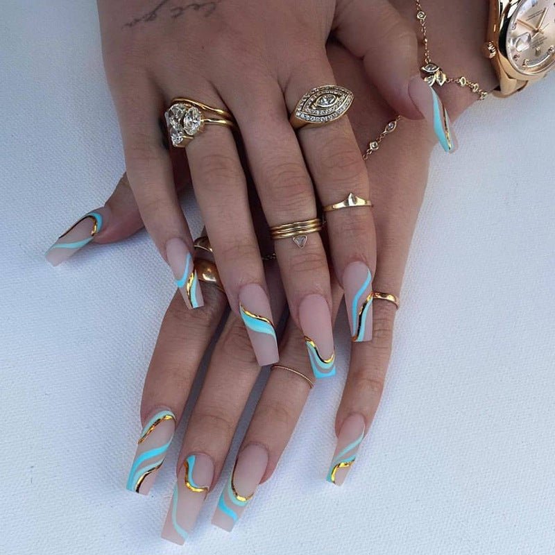 Fashion Simple Gold Line Wave Pattern Long Frosted Manicure - DunbiBeauty, LLC