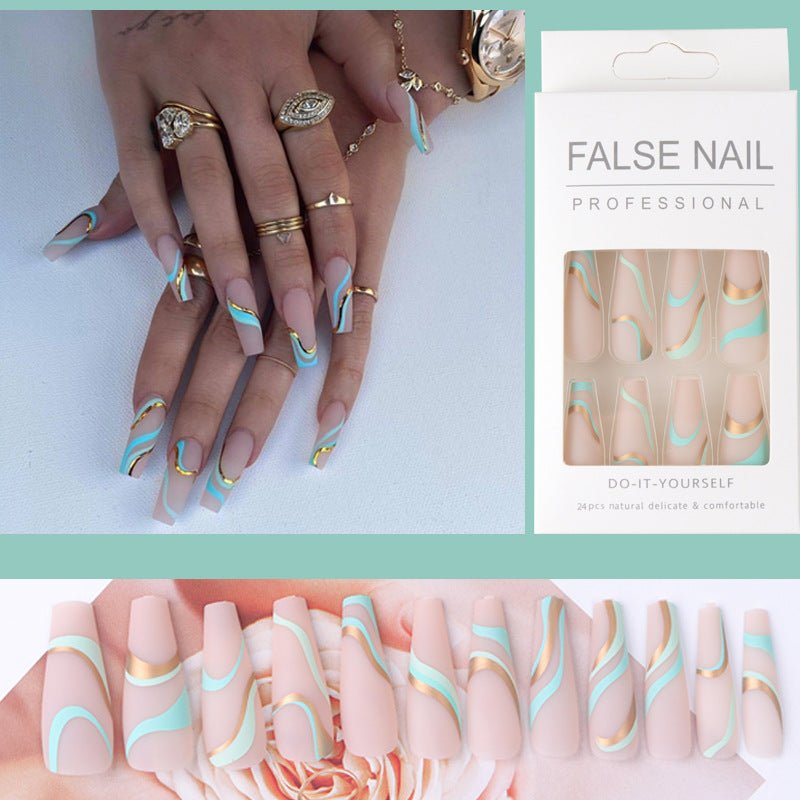 Fashion Simple Gold Line Wave Pattern Long Frosted Manicure - DunbiBeauty, LLC