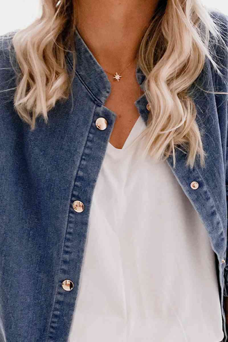 Shoulder Detail Denim Button Down Shirt Trendsi