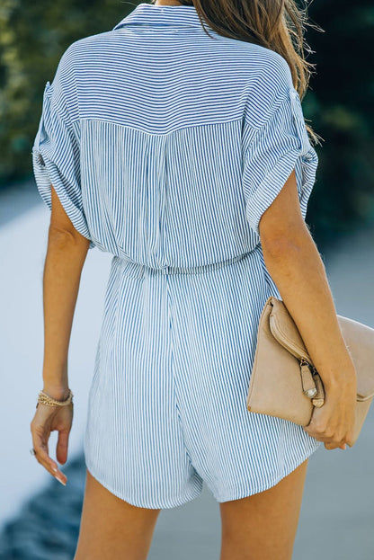 Striped Collared Neck Belted Romper Trendsi