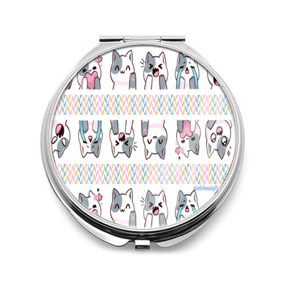 Portable Cosmetic Mirror｜Stainless Steel -Kawaii Cat, Anime Style, Cartoon, Emotions, Happy, Sad, Angry, Laughing, White Background (Designed by Dunbi)