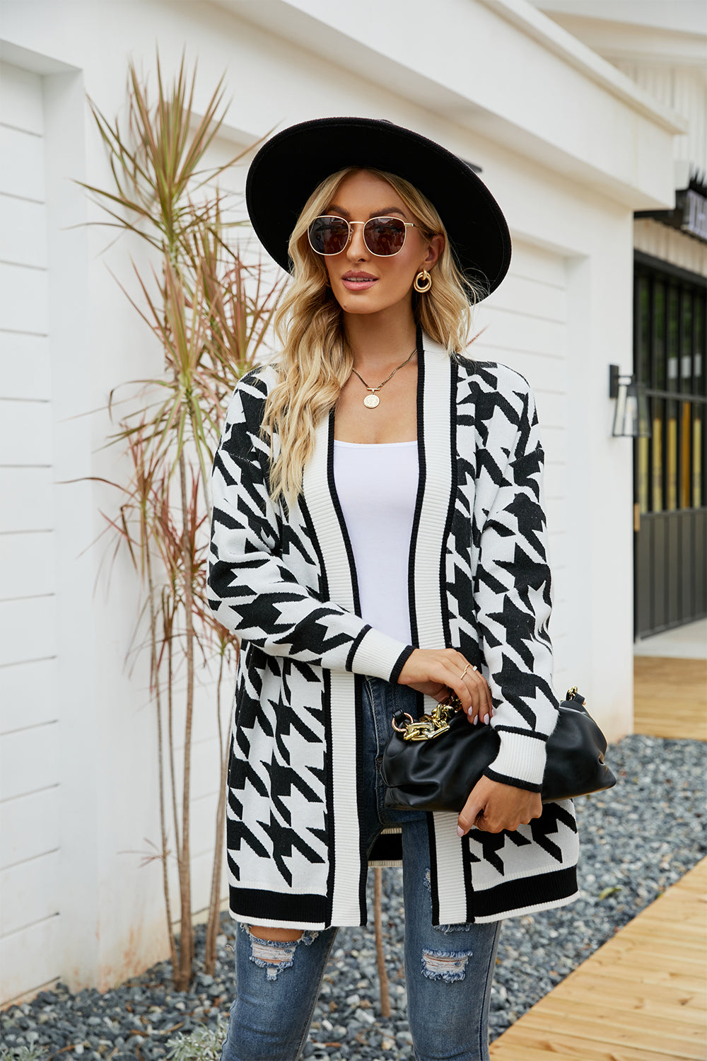 Houndstooth Open Front Longline Cardigan