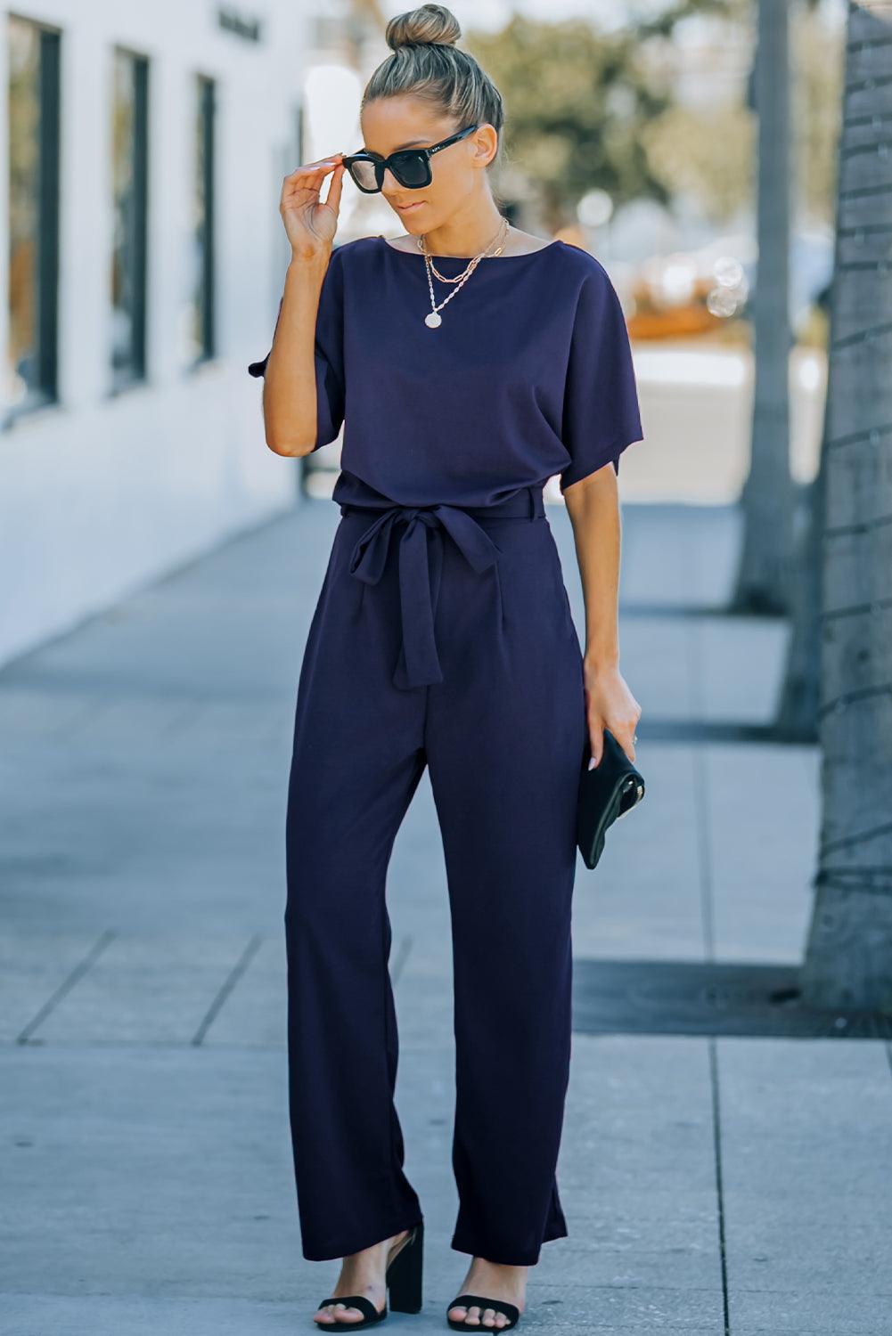 Oh So Glam Belted Wide Leg Jumpsuit Kiwidrop