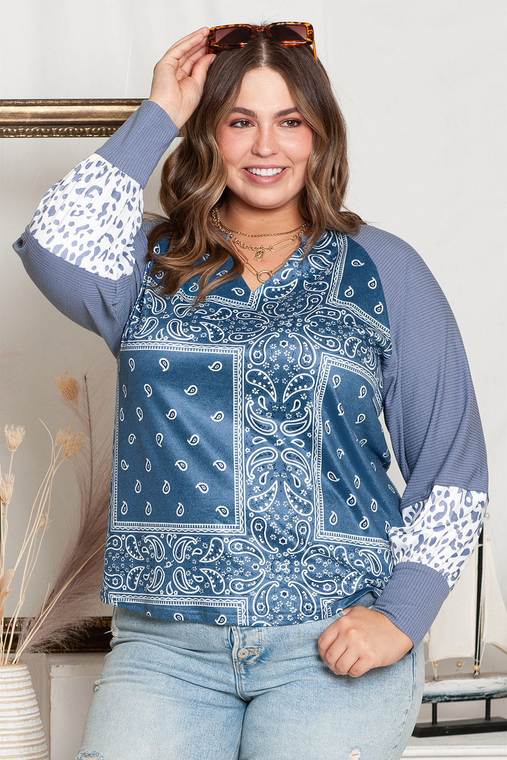 Plus Size V-Neck Printed Raglan Sleeve Blouse