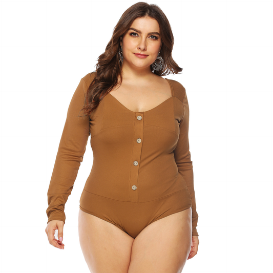 Plus Size Brown Ribbed Buttoned Backless Bodysuit Kiwidrop