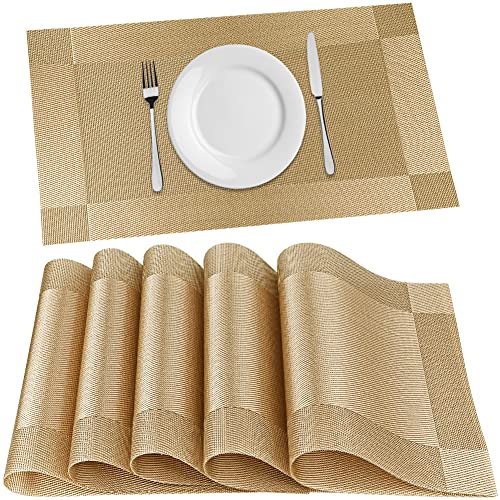 FGSAEOR Placemats Place Mats for Kitchen Dining Table, Heat-Resistant Anti-Skid Stain Washable PVC Table Mats, Easy to Cleaning Woven Vinyl Dinner Mats (Gold, 6 Pack) - DunbiBeauty, LLC