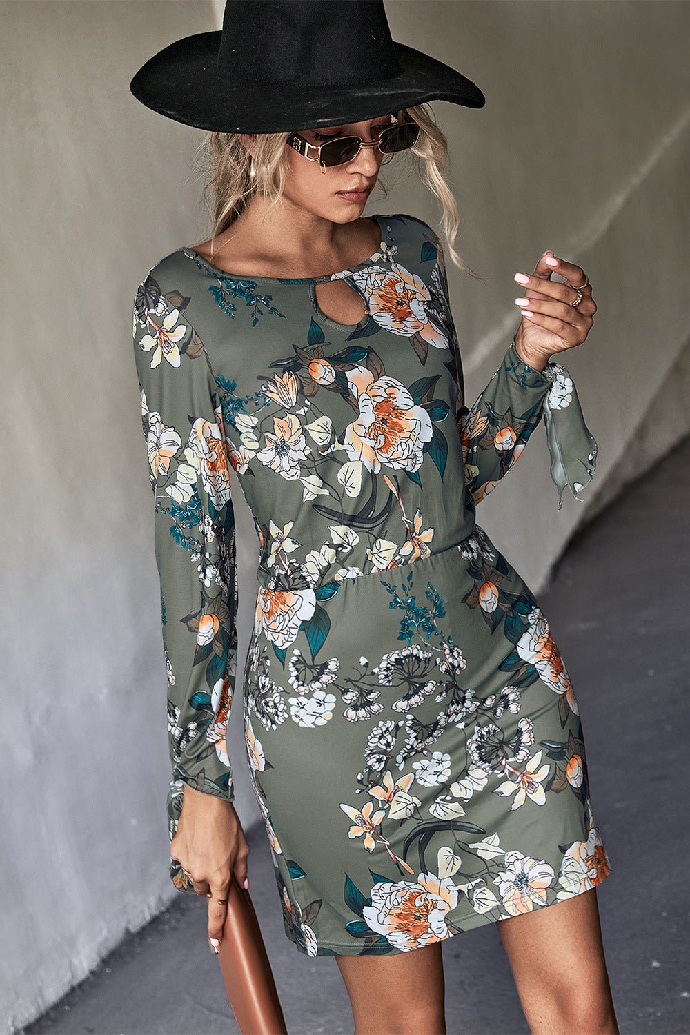 Floral Cutout Tie Cuff Mini Dress - DunbiBeauty, LLC