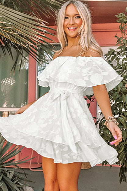 Floral Pattern Off-Shoulder Ruffle Dress With Cinched Waist - DunbiBeauty, LLC