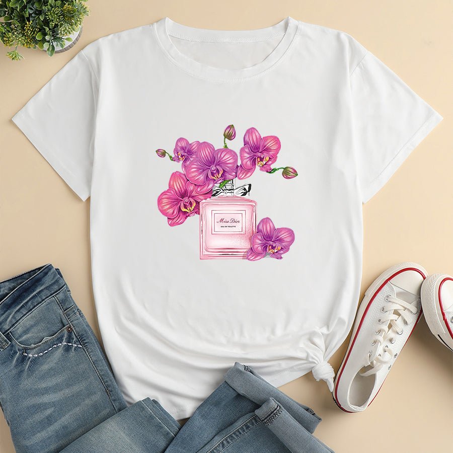 Floral Perfume Print Loose Short Sleeve T-Shirt - DunbiBeauty, LLC