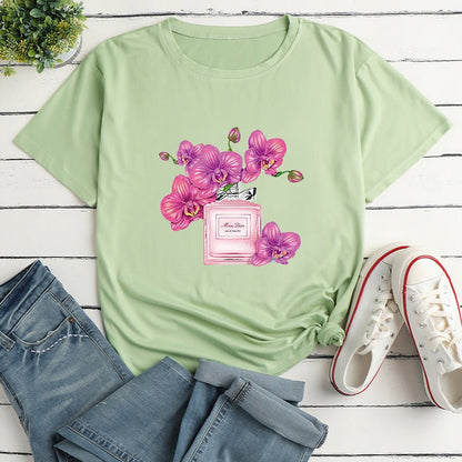 Floral Perfume Print Loose Short Sleeve T-Shirt - DunbiBeauty, LLC