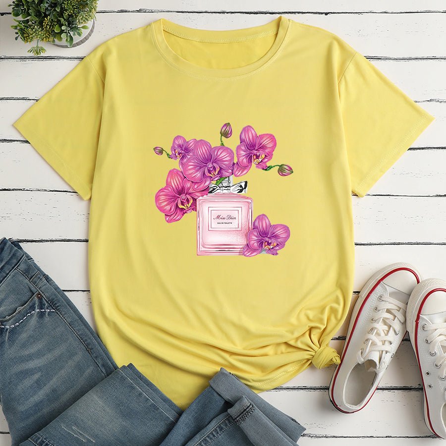 Floral Perfume Print Loose Short Sleeve T-Shirt - DunbiBeauty, LLC