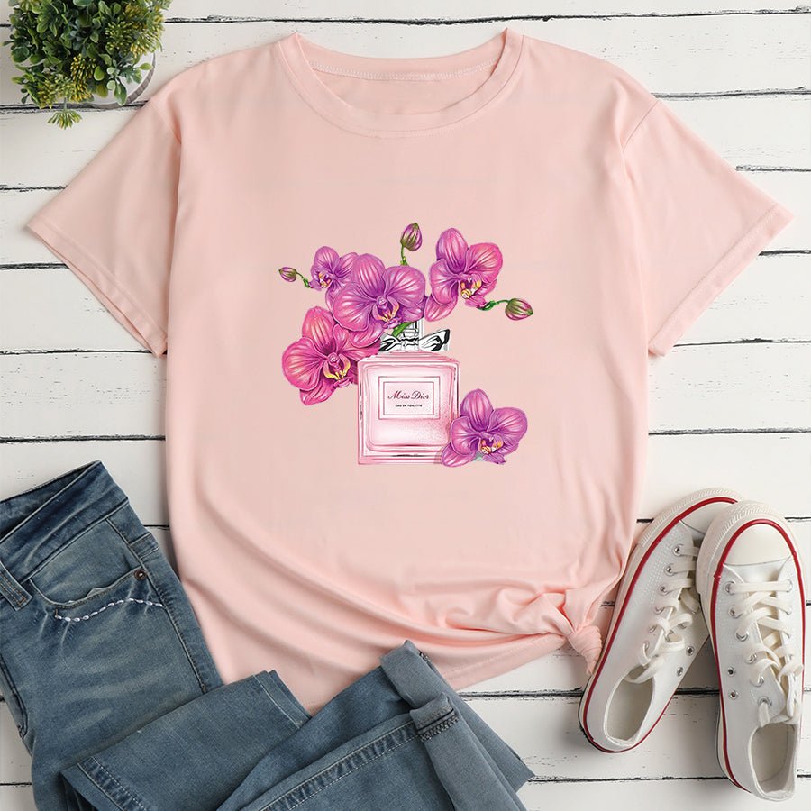 Floral Perfume Print Loose Short Sleeve T-Shirt - DunbiBeauty, LLC