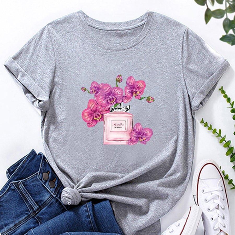 Floral Perfume Print Loose Short Sleeve T-Shirt - DunbiBeauty, LLC