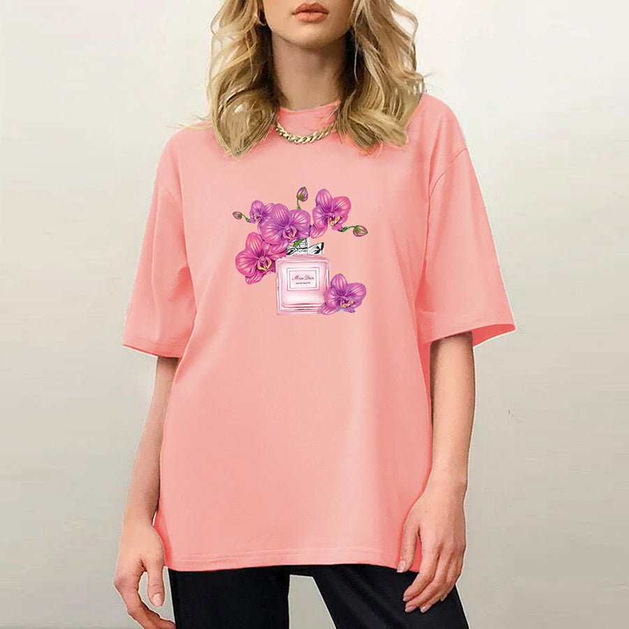 Floral Perfume Print Loose Short Sleeve T-Shirt - DunbiBeauty, LLC