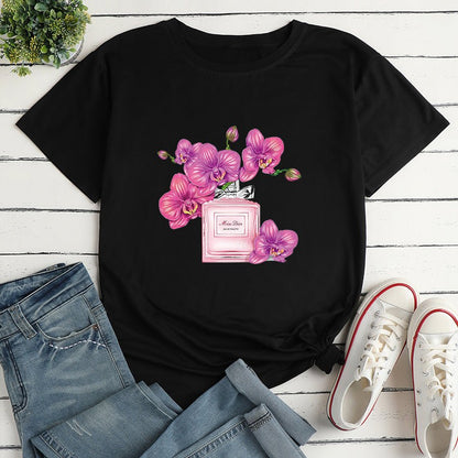 Floral Perfume Print Loose Short Sleeve T-Shirt - DunbiBeauty, LLC