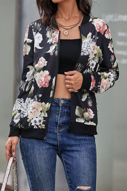 Floral Print Zip Up Bomber Jacket - DunbiBeauty, LLC