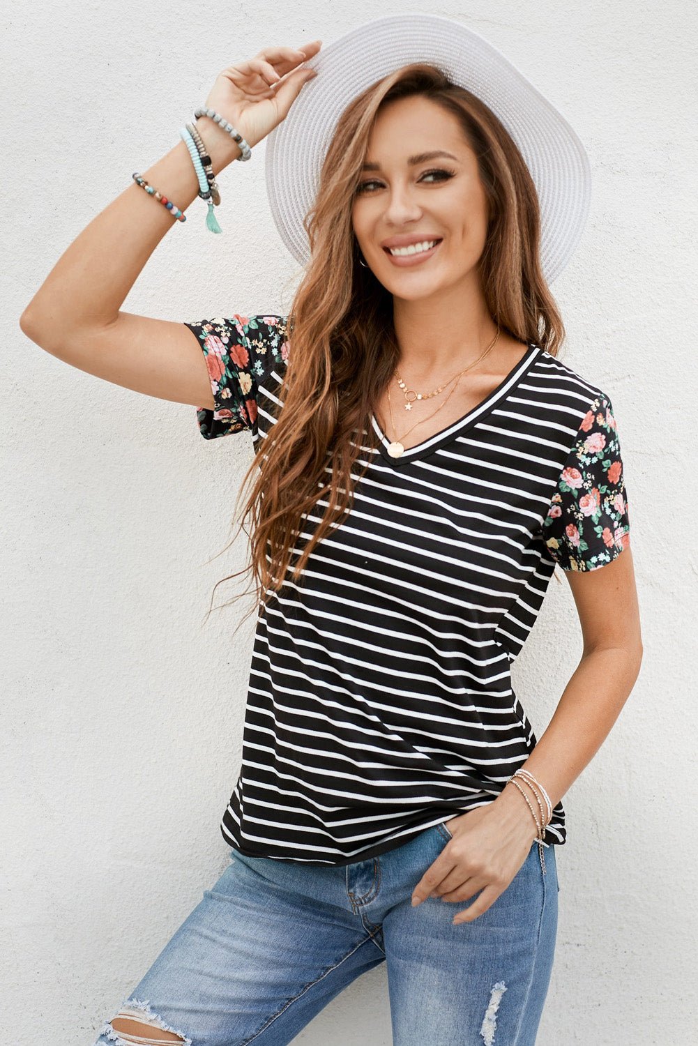 Floral Sleeves Striped T-shirt - DunbiBeauty, LLC