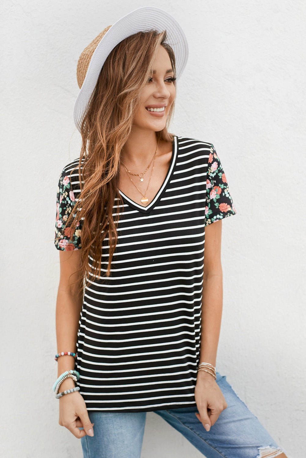 Floral Sleeves Striped T-shirt - DunbiBeauty, LLC