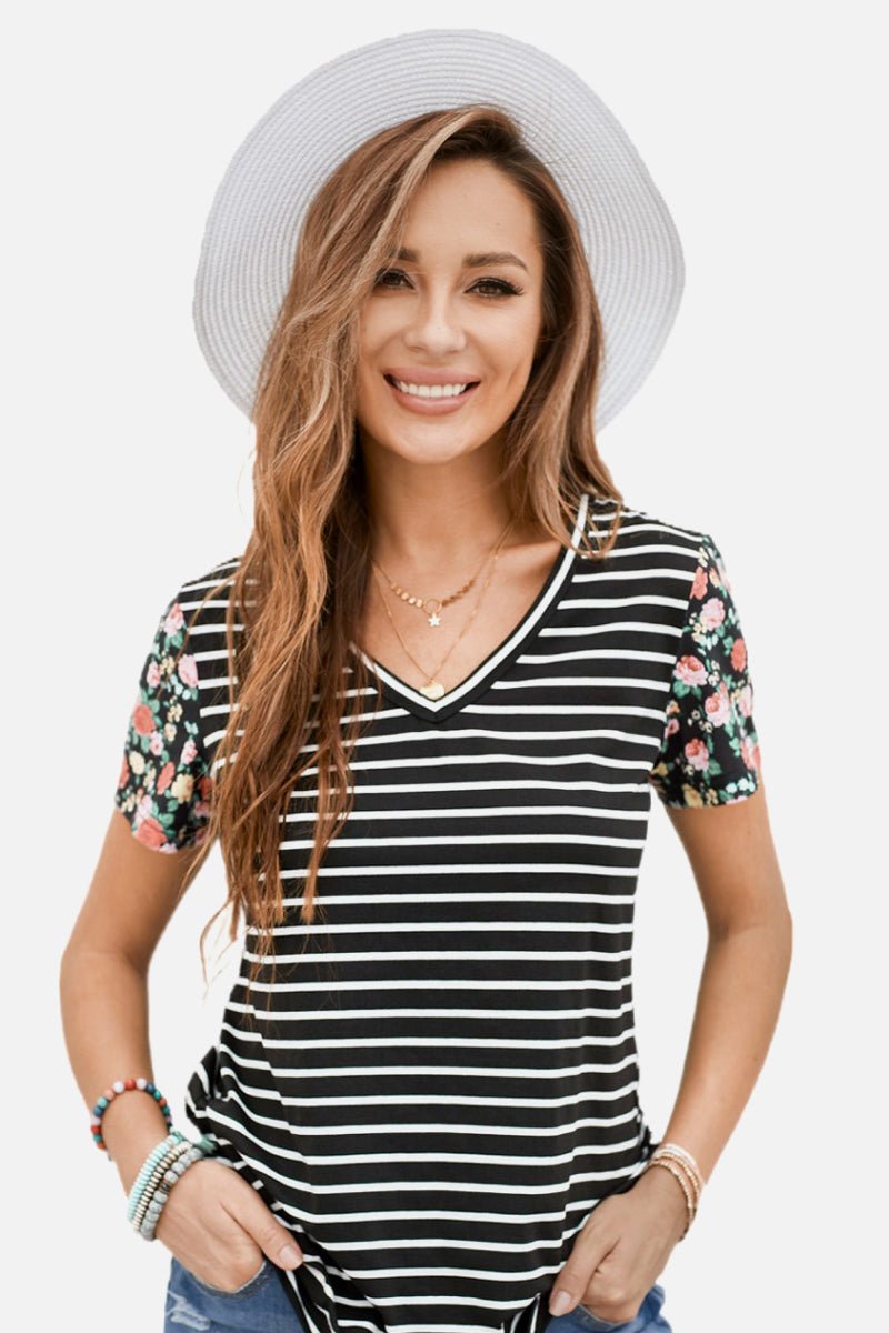 Floral Sleeves Striped T-shirt - DunbiBeauty, LLC