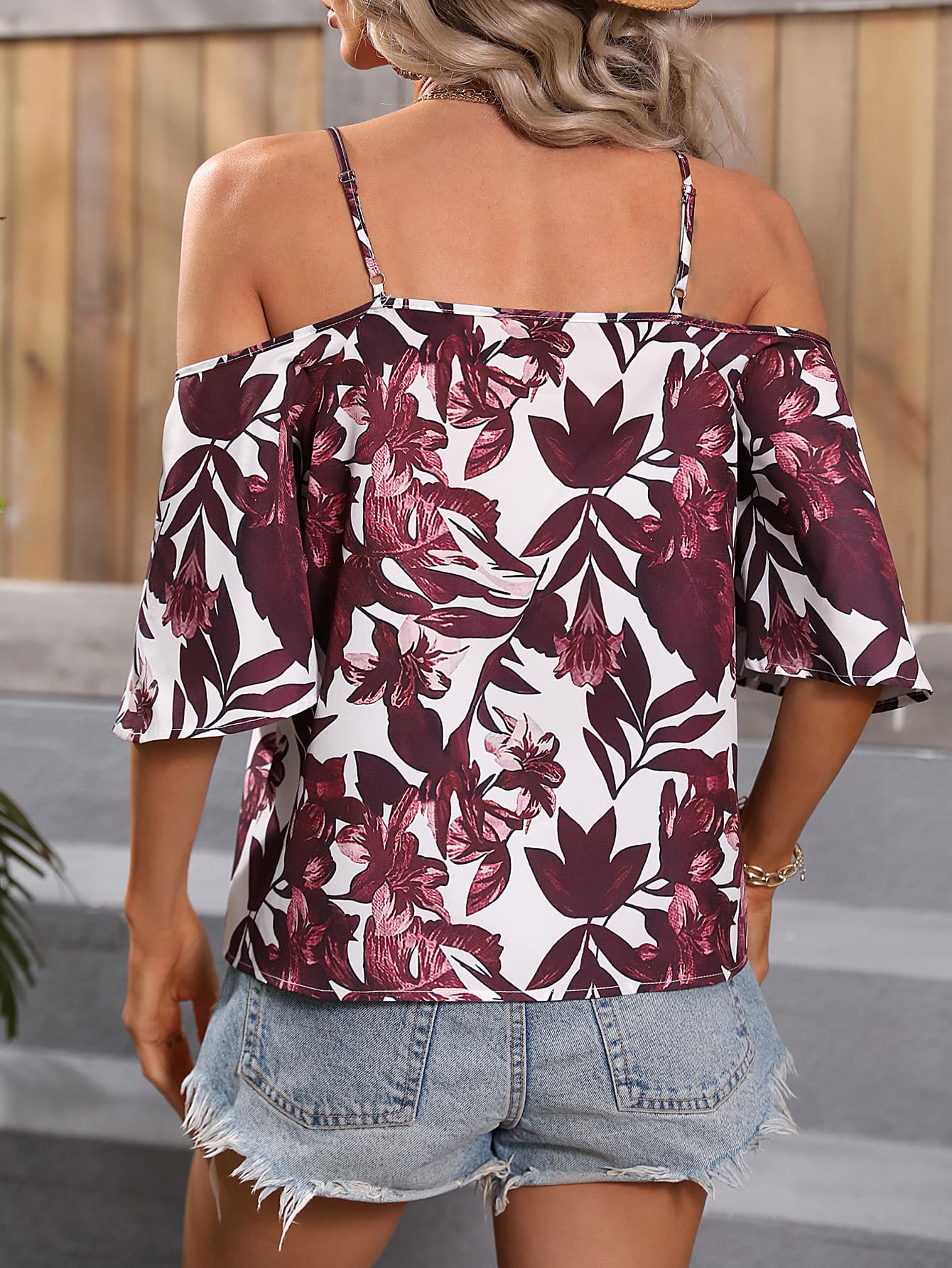 Floral Spaghetti Strap Cold-Shoulder Blouse - DunbiBeauty, LLC