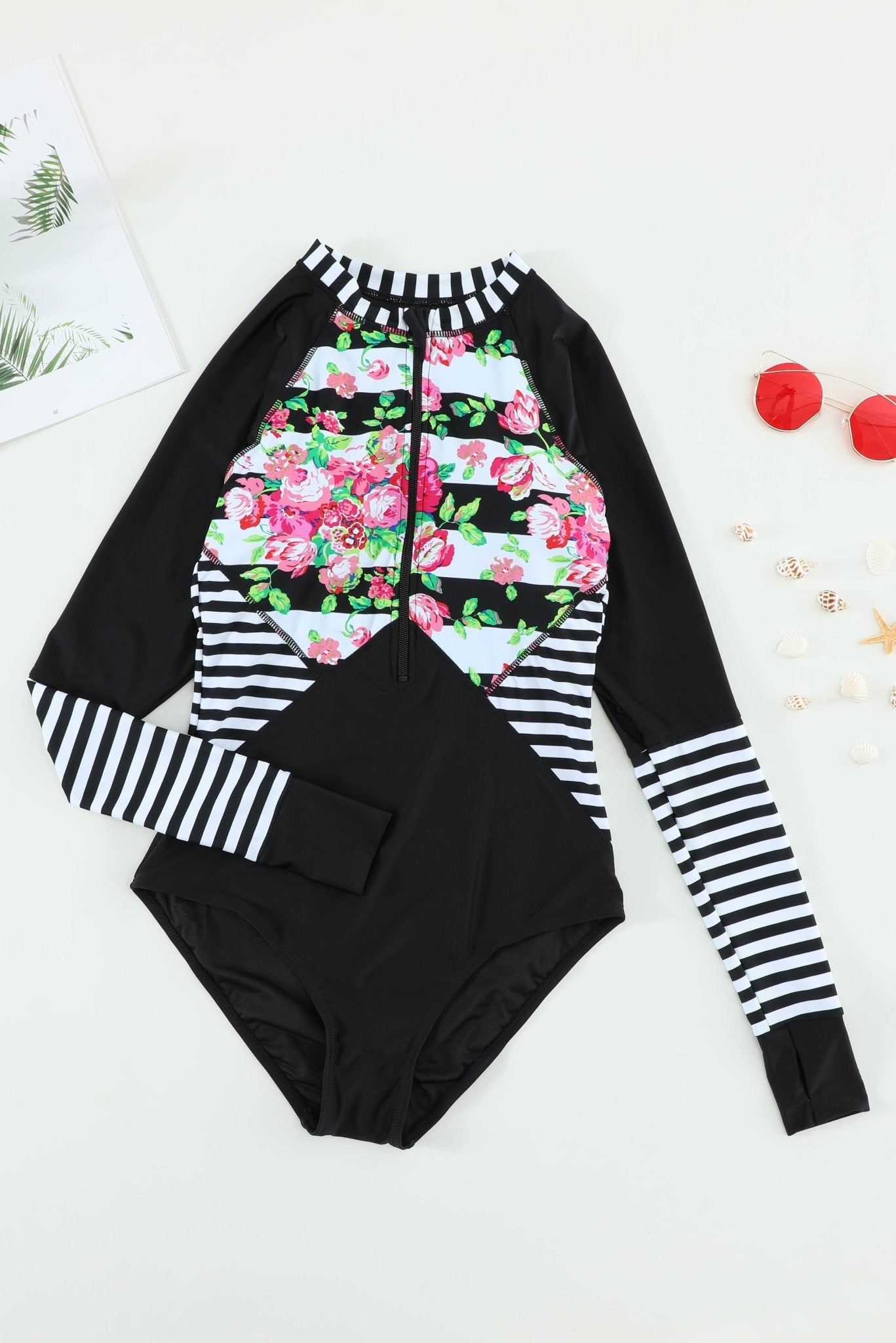 Floral Striped Patchwork Rash Guard One-piece - DunbiBeauty, LLC