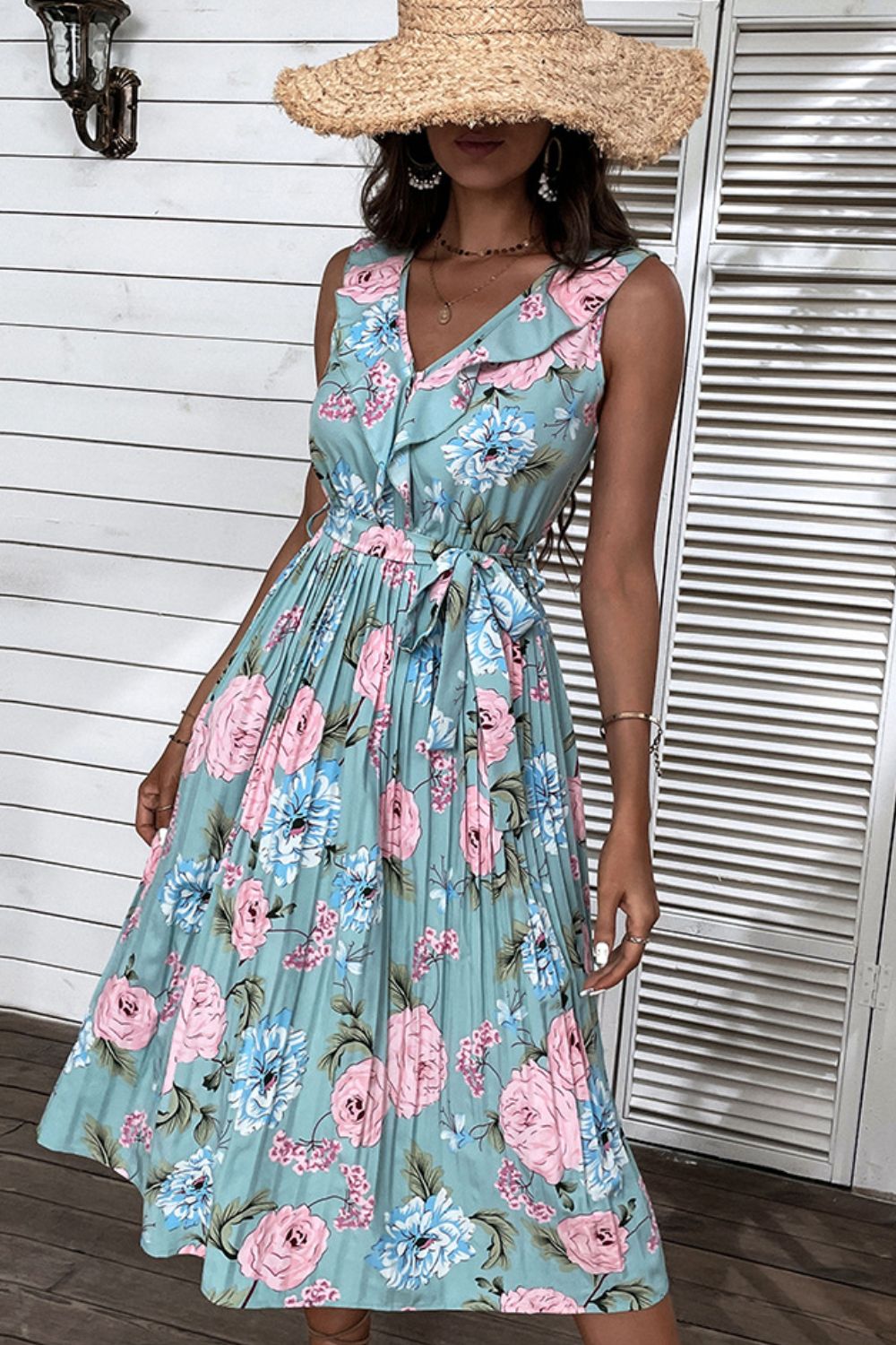 Floral Tie-Waist Sleeveless Pleated Midi Dress - DunbiBeauty, LLC