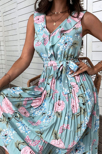 Floral Tie-Waist Sleeveless Pleated Midi Dress - DunbiBeauty, LLC