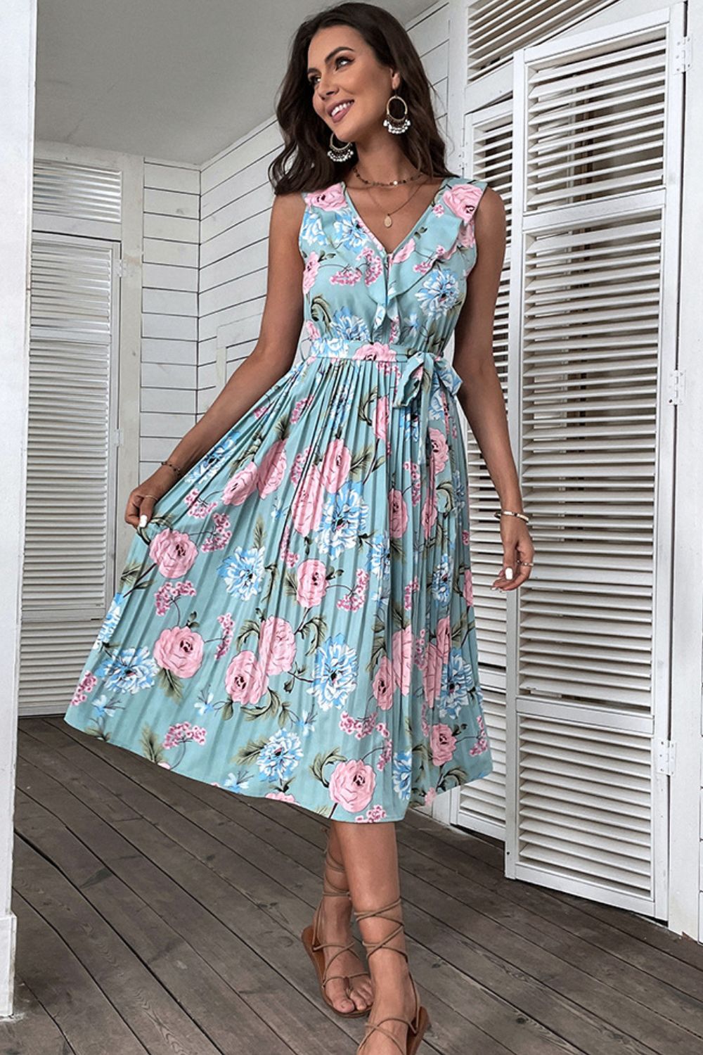 Floral Tie-Waist Sleeveless Pleated Midi Dress - DunbiBeauty, LLC