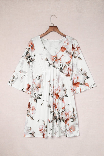 Floral V-Neck Three-Quarter Sleeve Mini Dress - DunbiBeauty, LLC