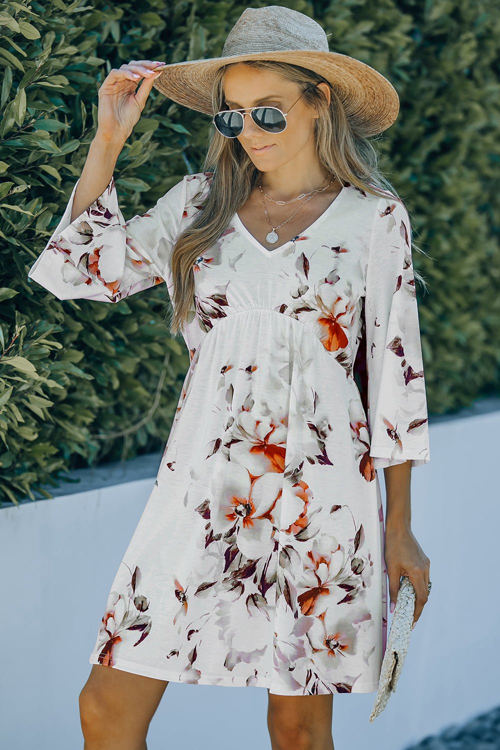 Floral V-Neck Three-Quarter Sleeve Mini Dress - DunbiBeauty, LLC