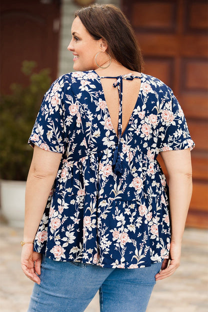 Floral V-Neck Tied Babydoll Blouse - DunbiBeauty, LLC